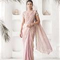 Beautiful Blush Pink Satin Silk Designer Saree Khatli Work for Party Wear