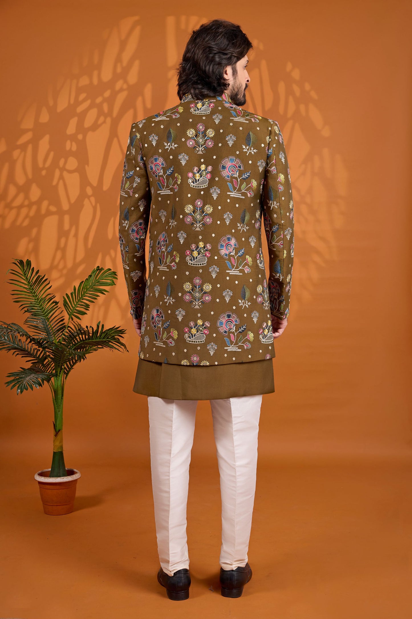 Handsome Olive Green Floral Printed Indo Western Sherwani With Designer Jacket