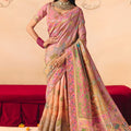Designer Blush Pink Silk Saree with Floral Zari Border Print Pallu