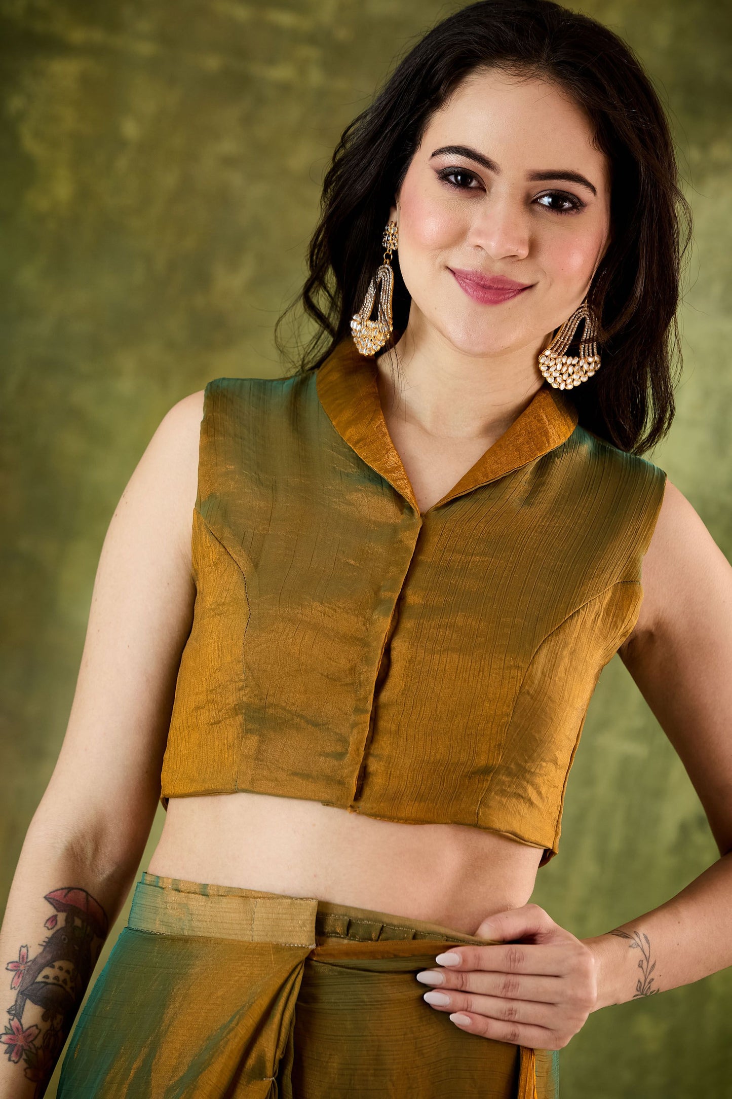 Mustard Yellow Olive Green Dual Tone Saree Designer Party Wear Saree