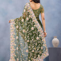 Olive Green Floral Embroidered Net Saree with Designer Border