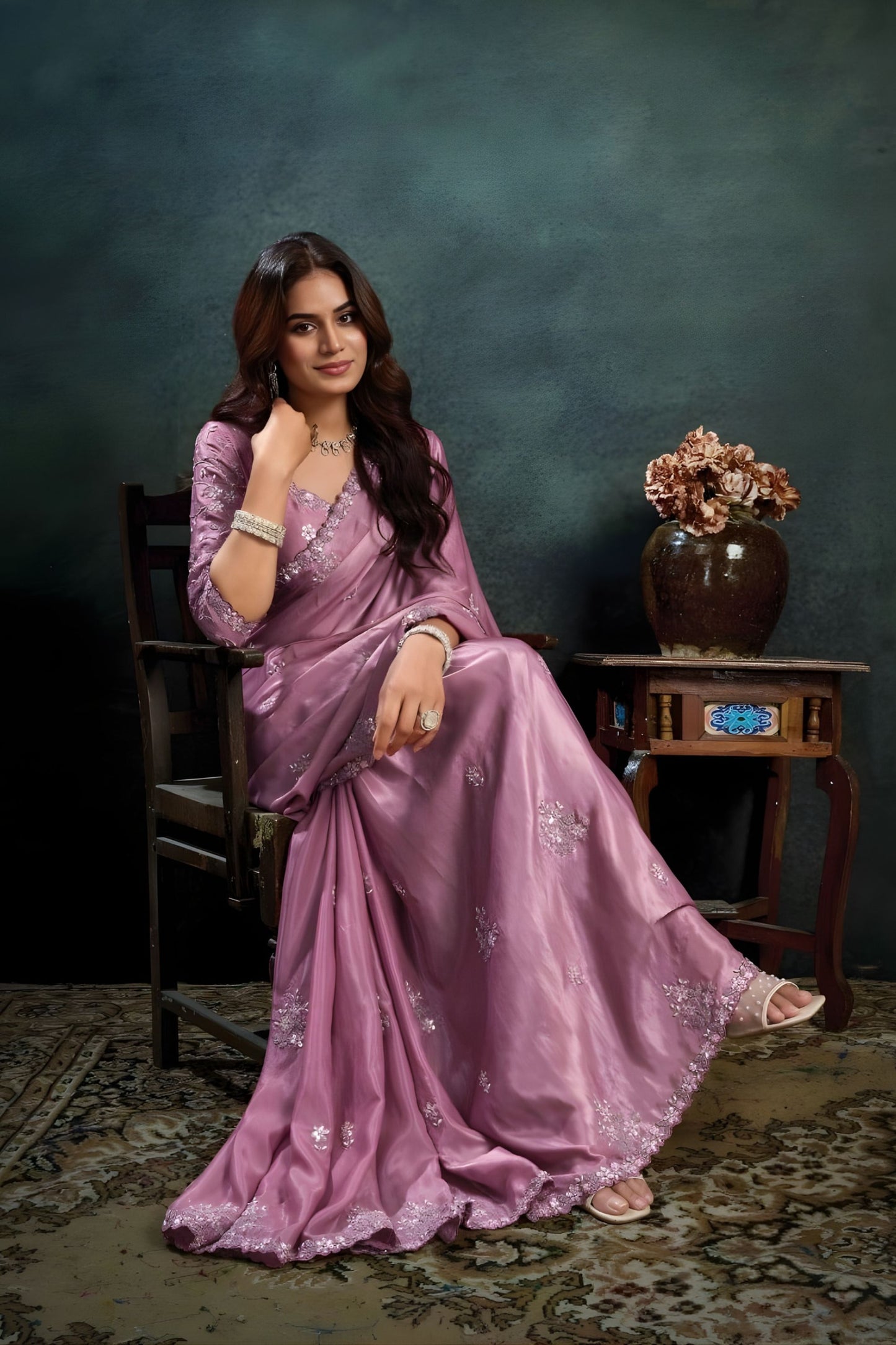 Dusty Pink Satin Silk Saree with Silver Designer Embellished Blouse