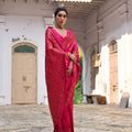 Rani Pink Silk Saree with Gold Paisley Border Floral Weaving Border