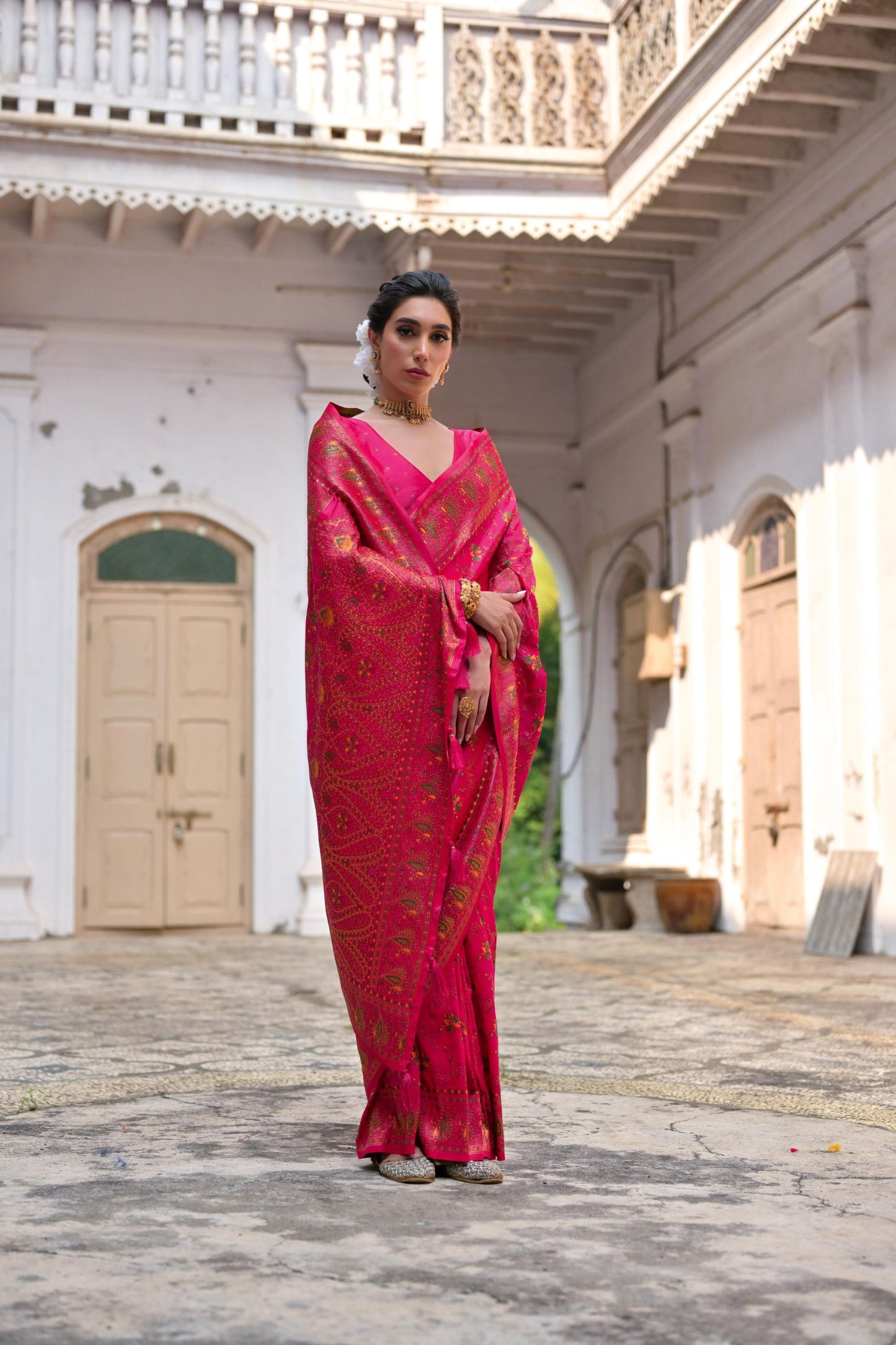 Rani Pink Silk Saree with Gold Paisley Border Floral Weaving Border