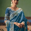Teal Blue Organza Saree Heavy Silver Zari Embroidery Border Designer Blouse