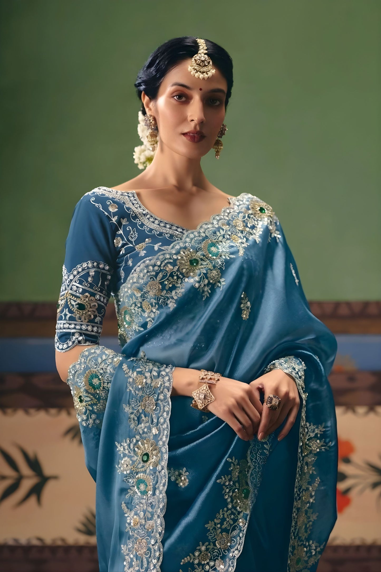 Teal Blue Organza Saree Heavy Silver Zari Embroidery Border Designer Blouse