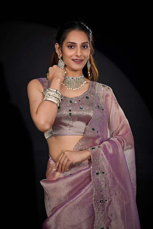 Mauve Pink Shimmer Silk Saree with Heavy Zari Stone Embroidered Border