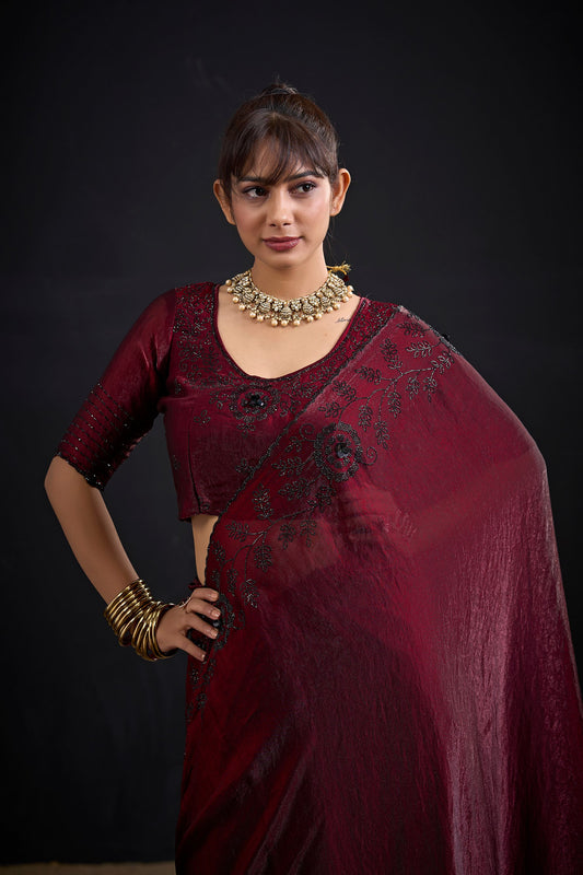 Wine Maroon Embroidered Silk Saree with Designer Blouse