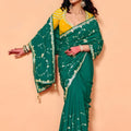 Bottle Green Designer Embroidered Silk Saree Heavy Zari Blouse Piece