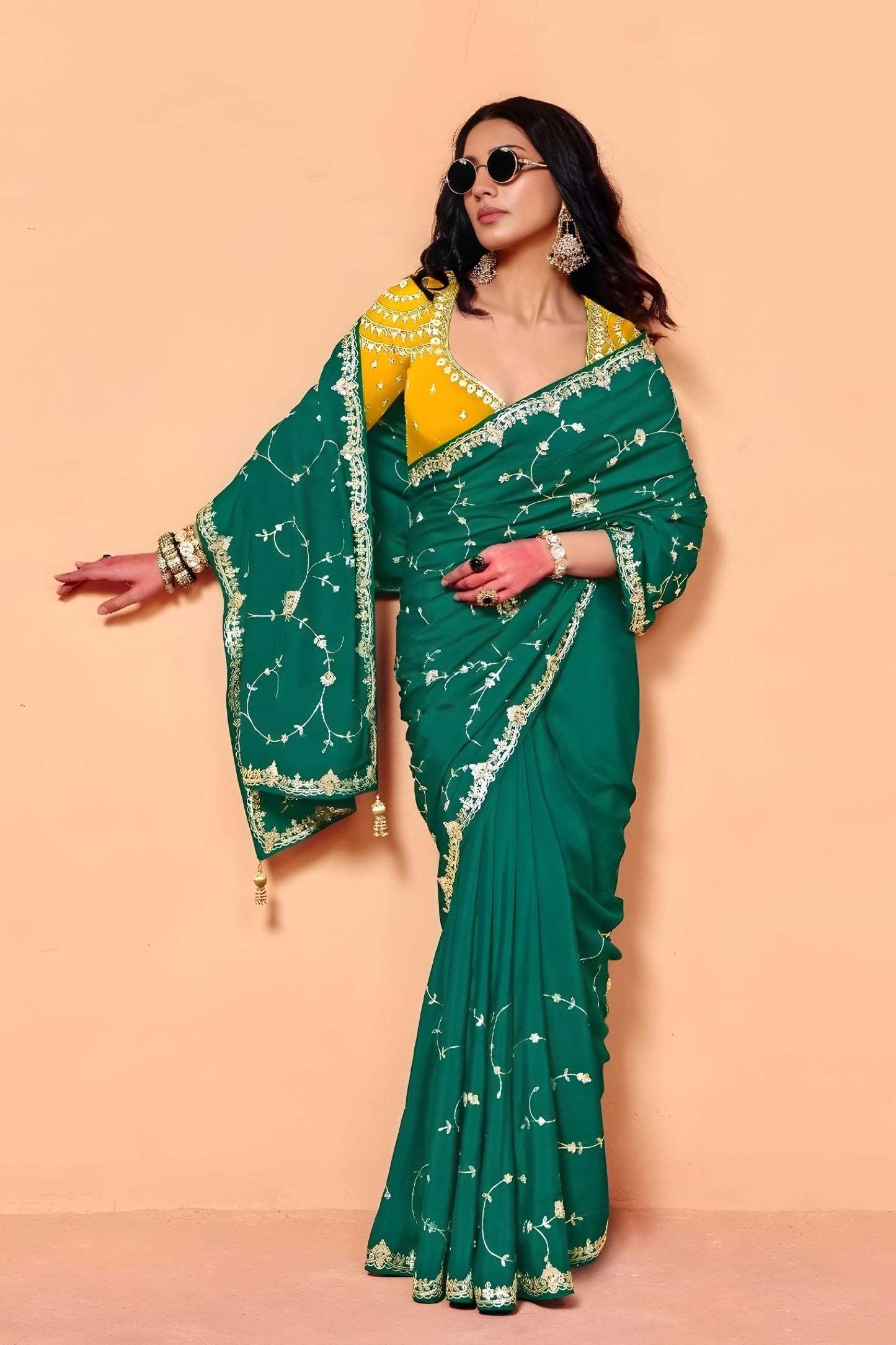 Bottle Green Designer Embroidered Silk Saree Heavy Zari Blouse Piece