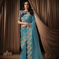 Teal Blue Floral Embroidered Designer Saree with Fancy Blouse 