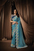 Teal Blue Floral Embroidered Designer Saree with Fancy Blouse 