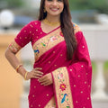 Rani Pink Floral Woven Linen Silk Saree Designer Peacock Border