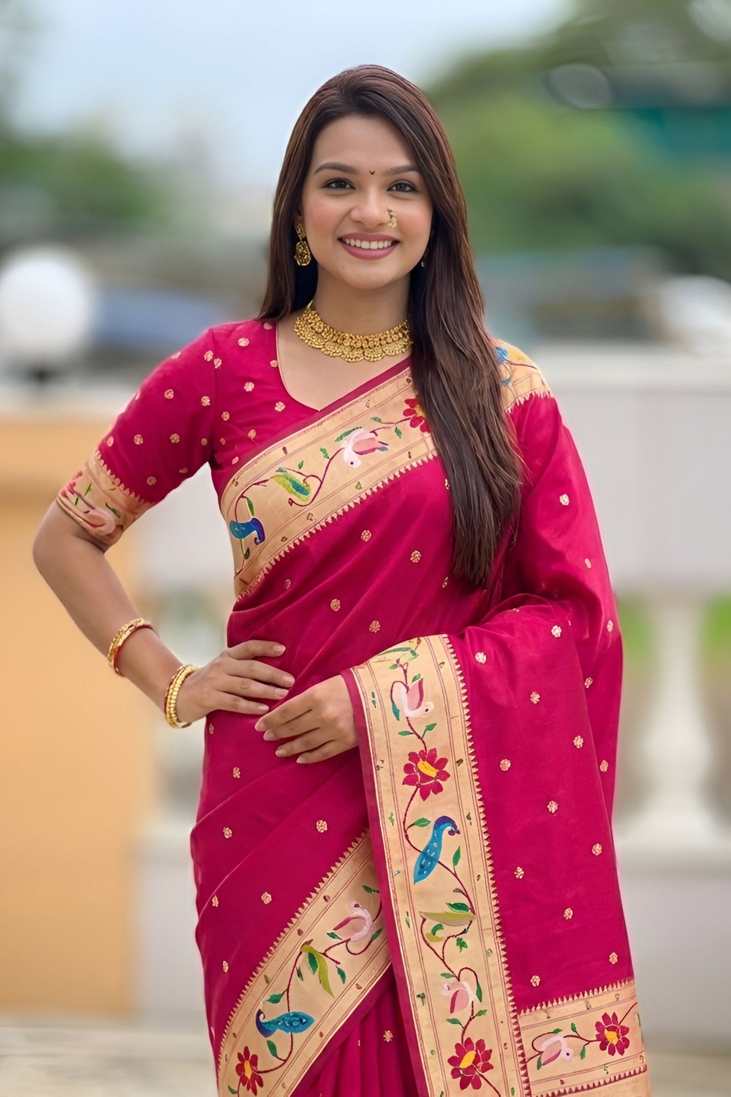 Rani Pink Floral Woven Linen Silk Saree Designer Peacock Border