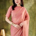 Peach Pink Organza Ready To Wear Saree Designer Sequins Lace Border