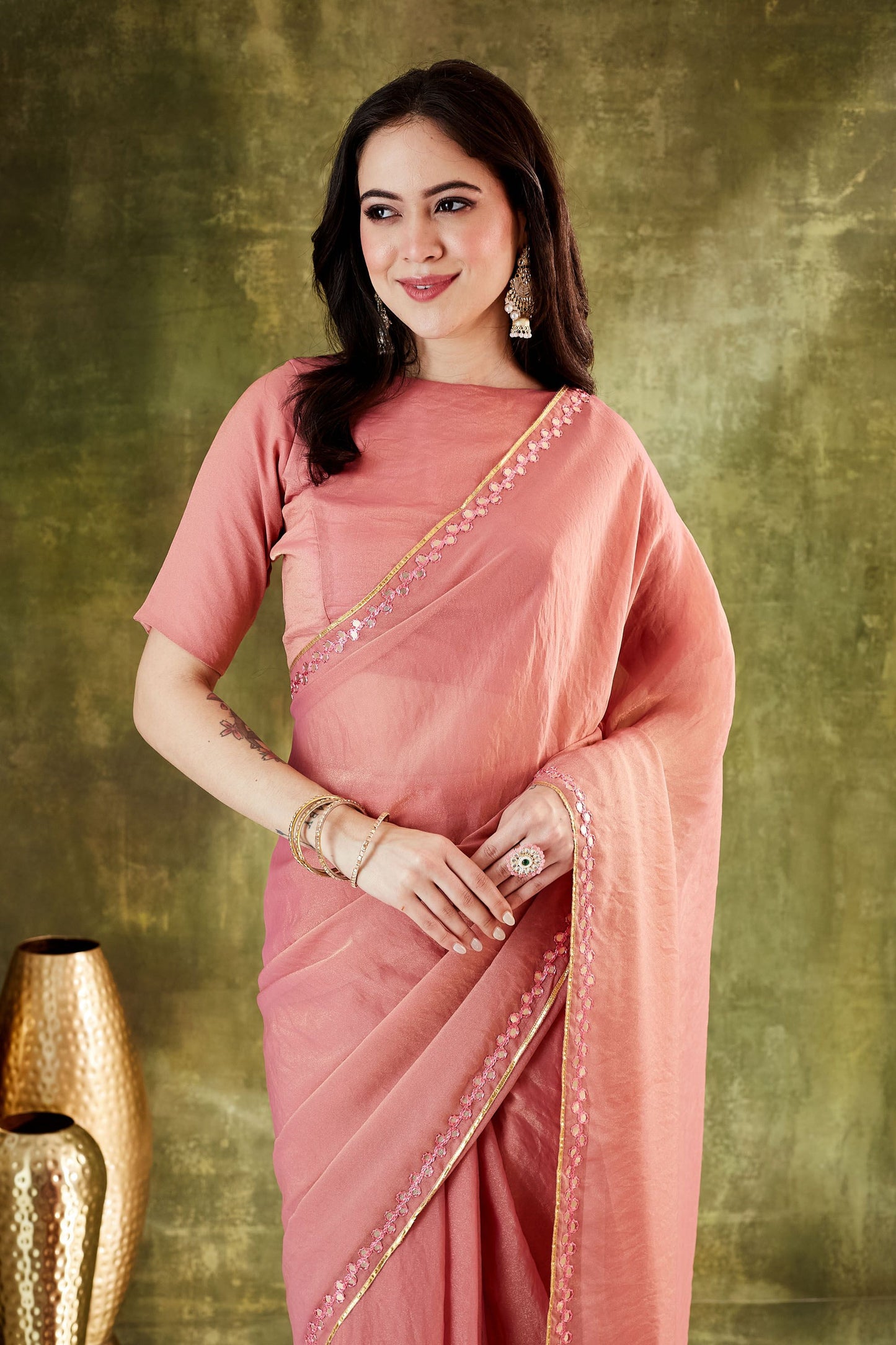 Peach Pink Organza Ready To Wear Saree Designer Sequins Lace Border