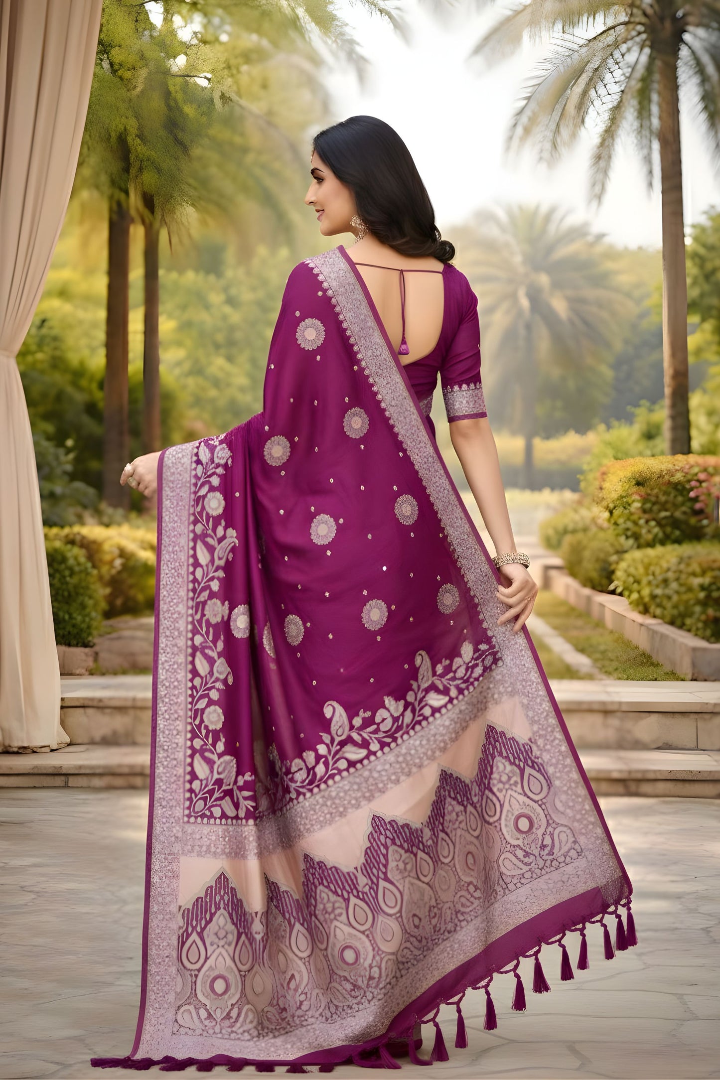 Purple Banarasi Silk Saree with Silver Zari Floral Weaving Traditional Wear