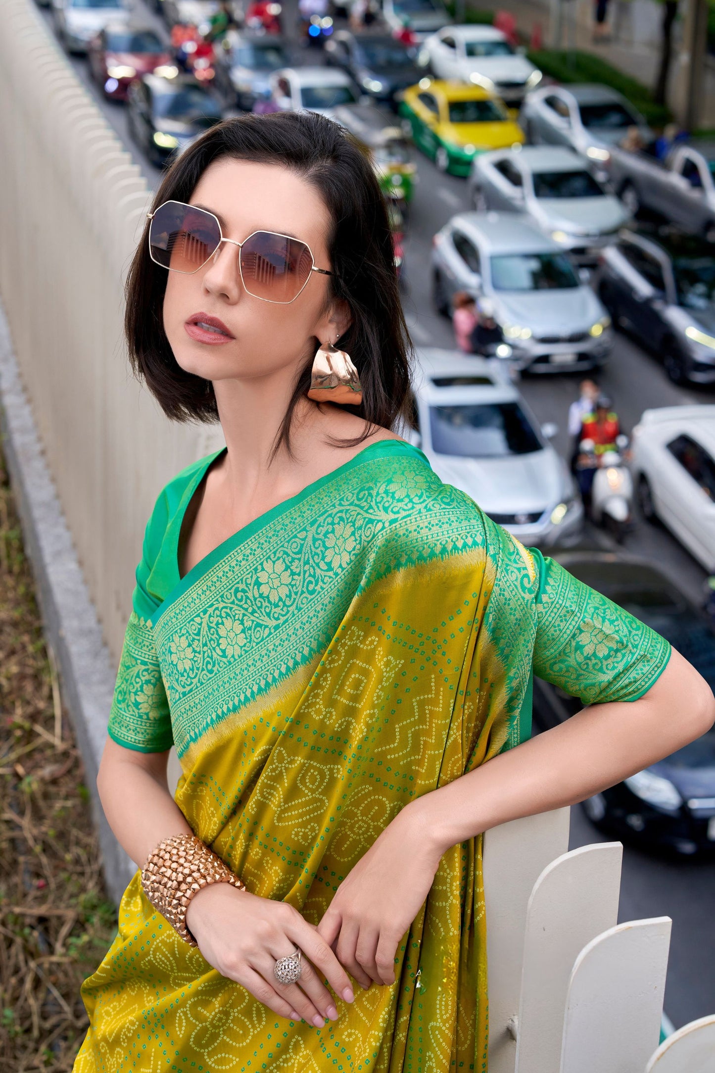 Elegant Yellow Green Banarasi Silk Saree and Designer Border