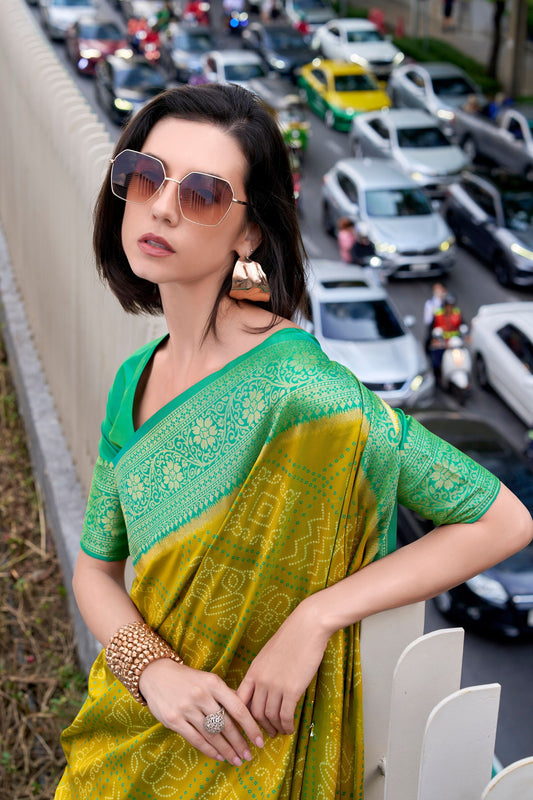 Elegant Yellow Green Banarasi Silk Saree and Designer Border
