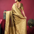 Olive Gold Banarasi Silk Saree Rich Golden Zari Weaving Blouse