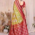 Olive Green Ikat Silk Saree with Rich Red Contrast Border Traditional Saree