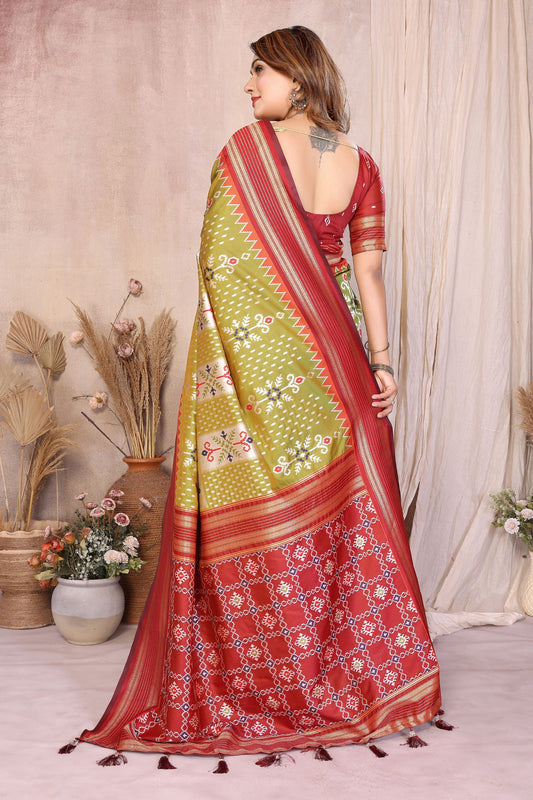 Olive Green Ikat Silk Saree with Rich Red Contrast Border Traditional Saree