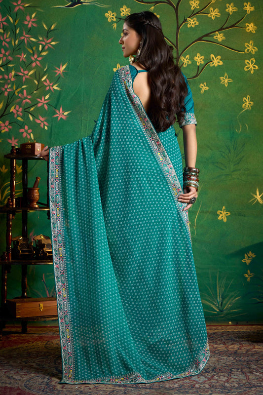 Teal Green Bandhani Saree and Designer Blouse Festive Wear