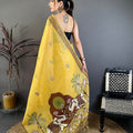 Mustard Yellow Linen Cotton Saree Artistic Elephant Print Pallu