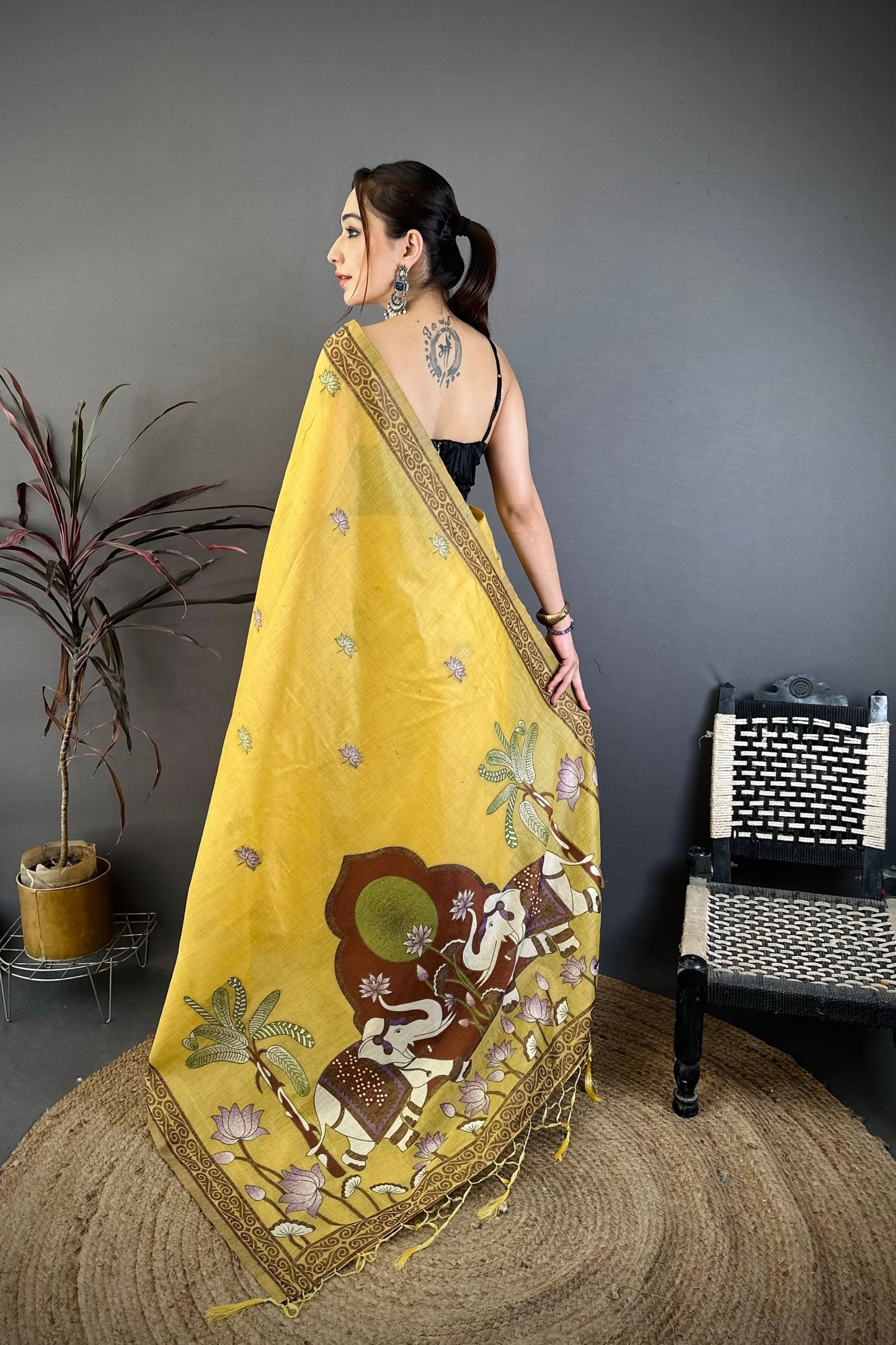 Mustard Yellow Linen Cotton Saree Artistic Elephant Print Pallu