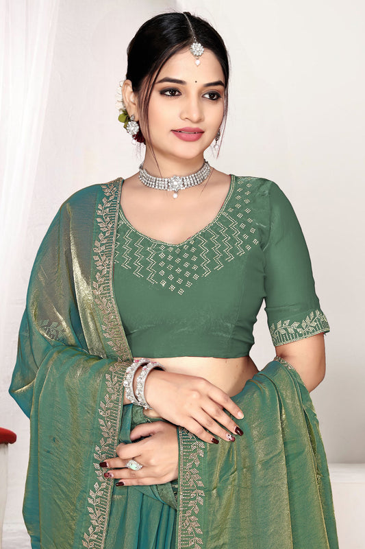Olive Green Silk Saree with Rich Golden Zari Border Designer Saree