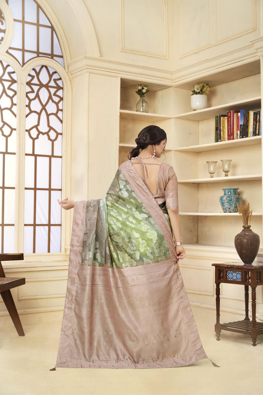 Dusty Beige and Olive Green Floral Printed Linen Silk Saree with Zari Accents