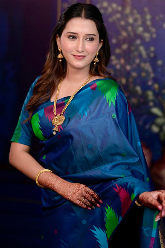Royal Peacock Blue Soft Silk Saree Multicolor Designer Border Rich Zari Pallu