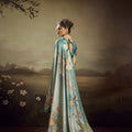Sea Green Linen Silk Saree Floral Digital Print Designer Tassel Pallu