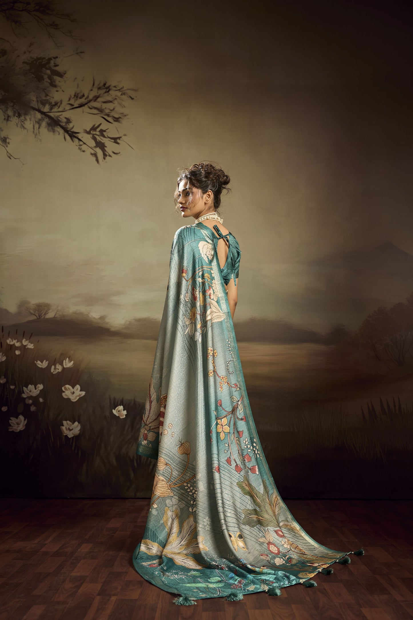 Sea Green Linen Silk Saree Floral Digital Print Designer Tassel Pallu