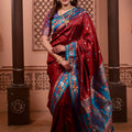 Rich Wine Red Paithani Silk Saree with Contrast Teal Blue Zari Border