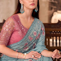 Sea Green Georgette Saree Floral Embroidery Designer Pink Blouse