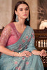 Sea Green Georgette Saree Floral Embroidery Designer Pink Blouse