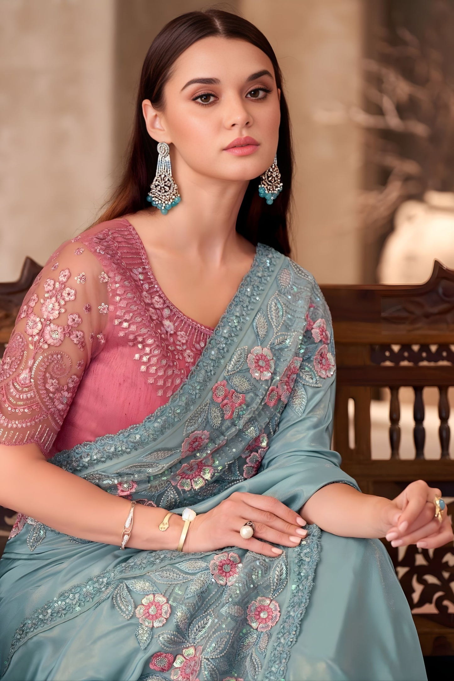 Sea Green Georgette Saree Floral Embroidery Designer Pink Blouse