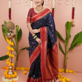 Navy Blue Silk Saree Red Woven Border Traditional Design