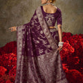 Wine Purple Banarasi Silk Saree Heavy Gold Zari Weaving Embroidered Blouse