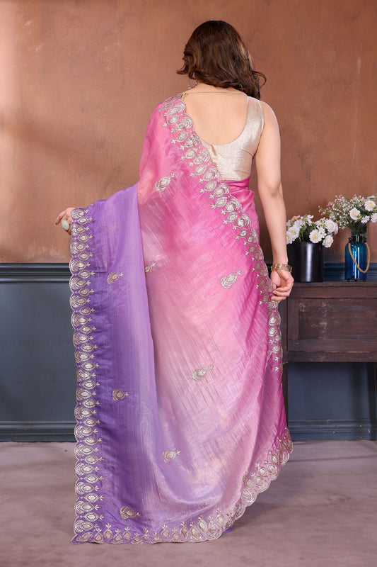 Pink Purple Embroidered Organza Silk Saree Designer Border