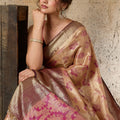 Royal Beige Banarasi Silk Saree with Pink Zari Border Floral Weaving Saree