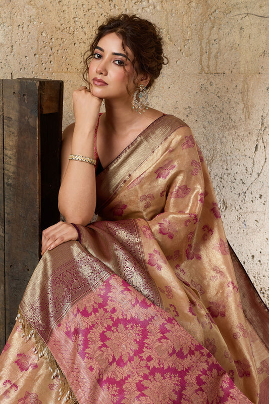 Royal Beige Banarasi Silk Saree with Pink Zari Border Floral Weaving Saree