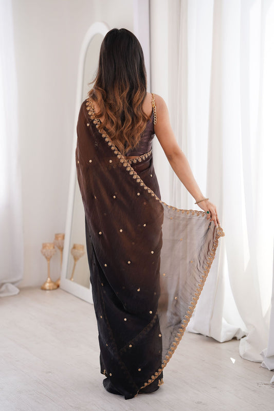Black Organza Saree Golden Butti Work Embroidered Border