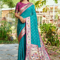 Teal Blue Silk Saree Pink Border Multicolor Peacock Zari Weaving Work