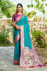 Teal Blue Silk Saree Pink Border Multicolor Peacock Zari Weaving Work