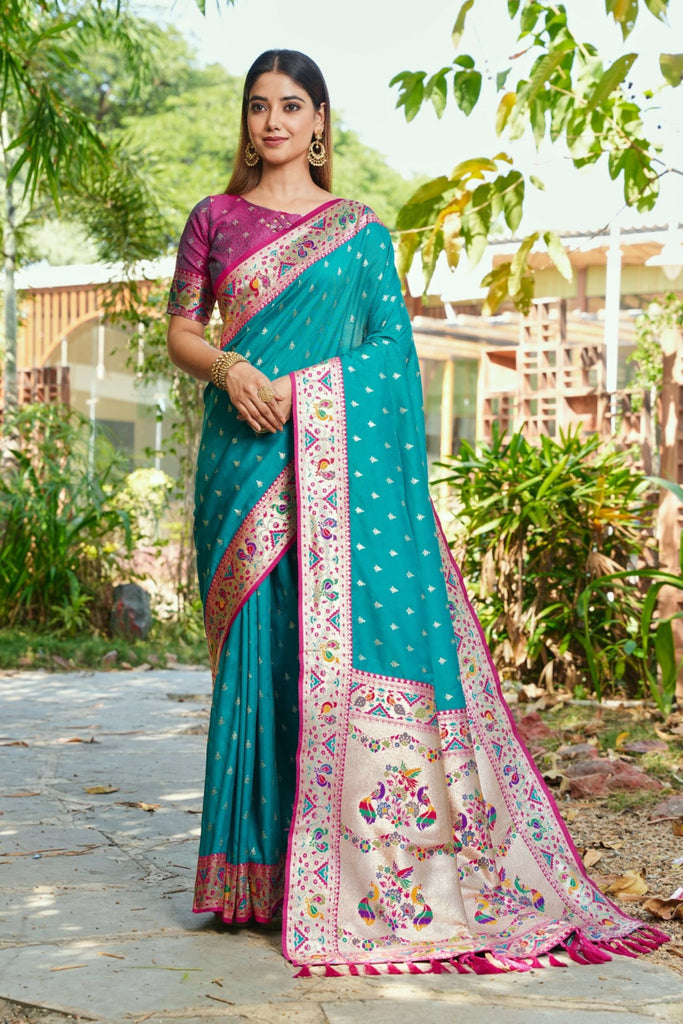 Teal Blue Silk Saree Pink Border Multicolor Peacock Zari Weaving Work