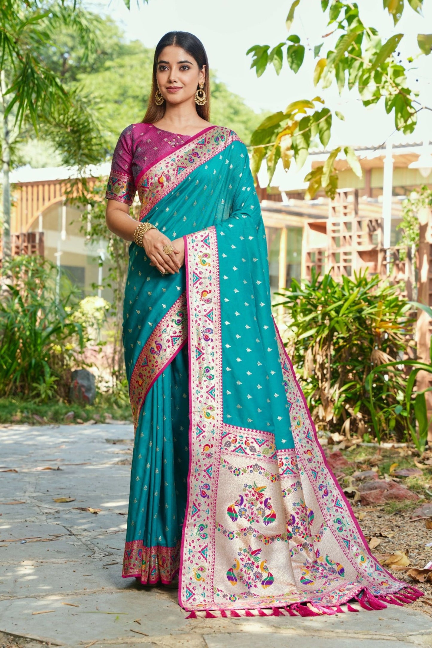 Teal Blue Silk Saree Pink Border Multicolor Peacock Zari Weaving Work