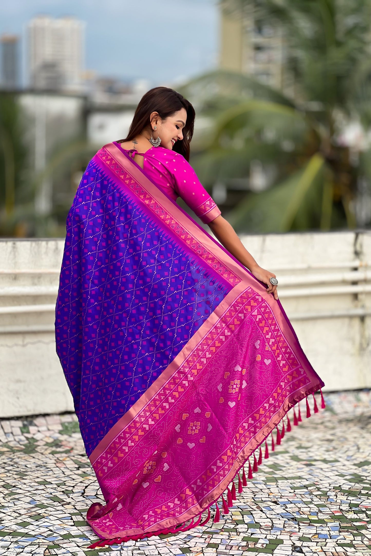 Royal Blue Saree with Rani Pink Contrast Border Traditional Printed Design