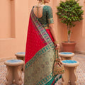 Red Silk Saree Green Gold Zari Woven Border Peacock Motifs Saree